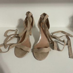 SPRING Disney Alice in Wonderland Nude Beige Faux Suede LaceUp Sandal Heels Sz 9